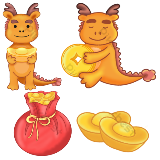 a set of three cartoon animals with gold coins