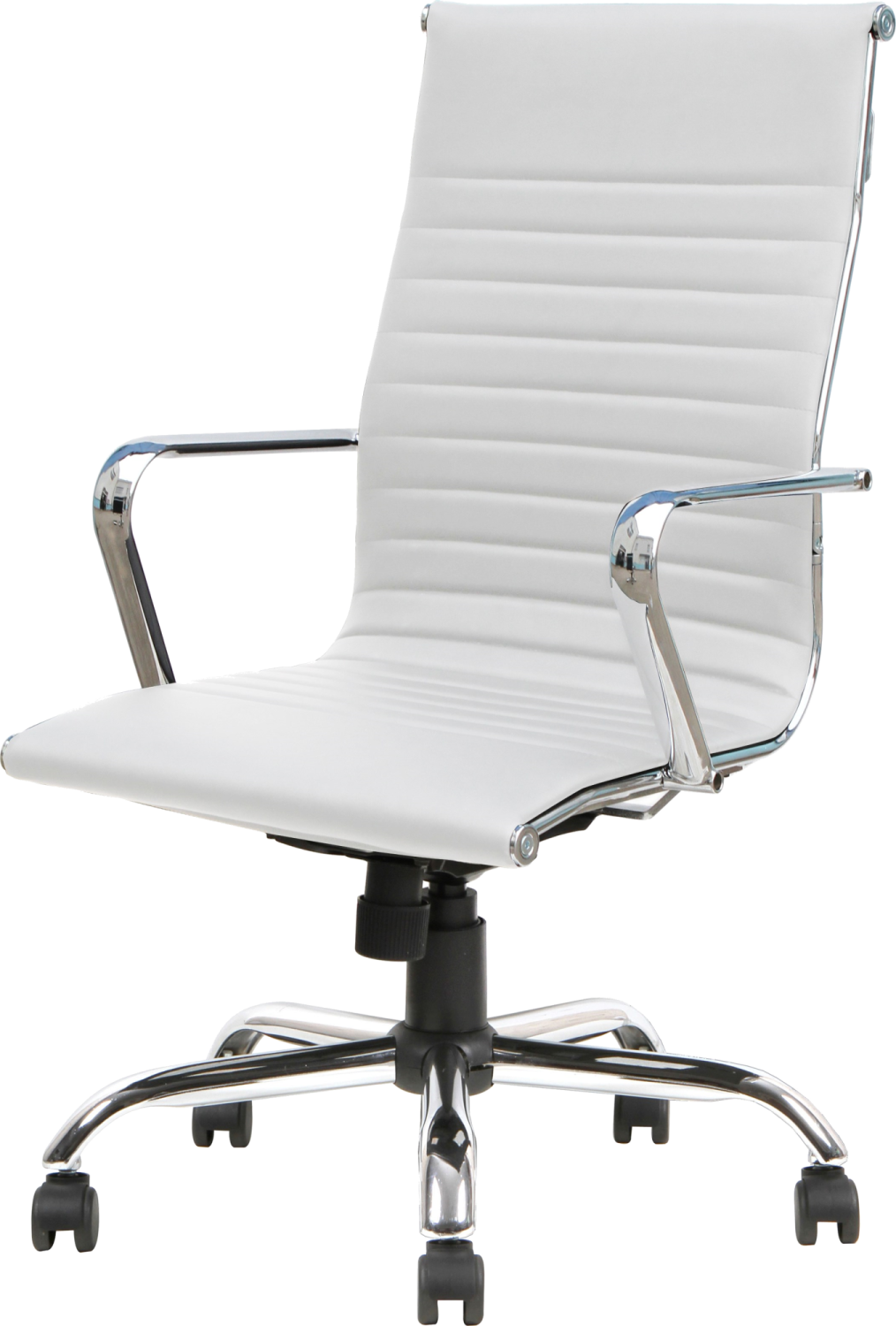 a white office chair with chrome legs