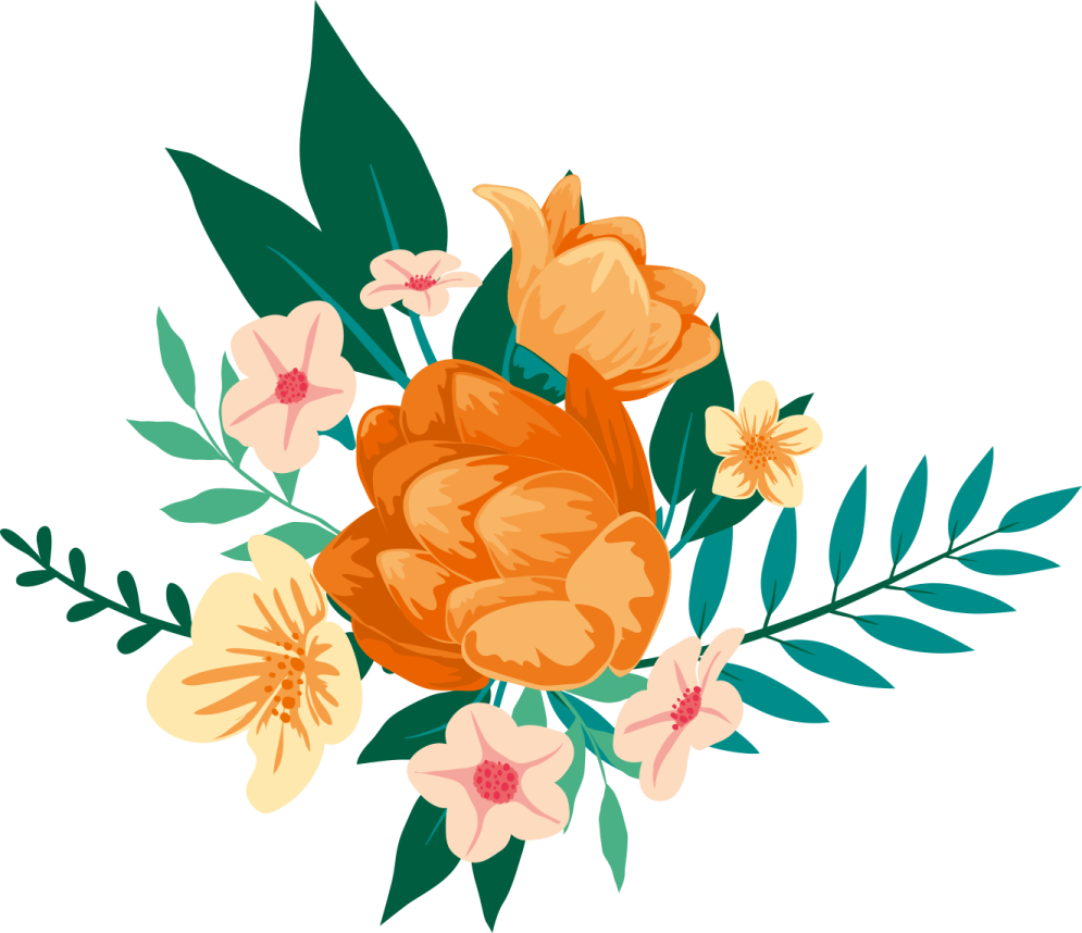 a bouquet with orange flowers and green leaves
