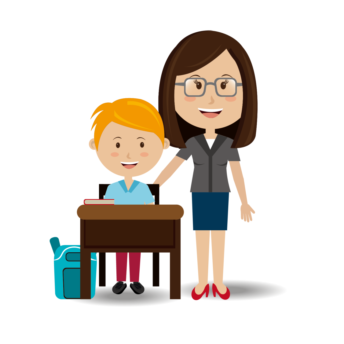 a woman standing next to a child at a desk