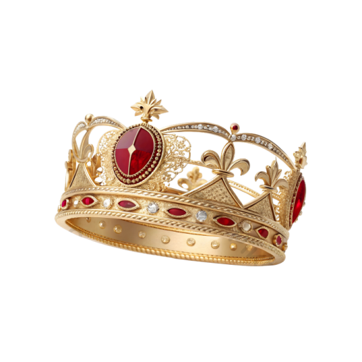 a gold crown ring with red stones and diamonds