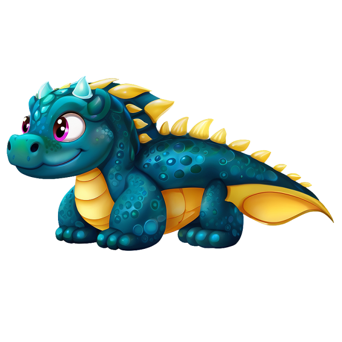 a blue and yellow dragon sitting on the ground