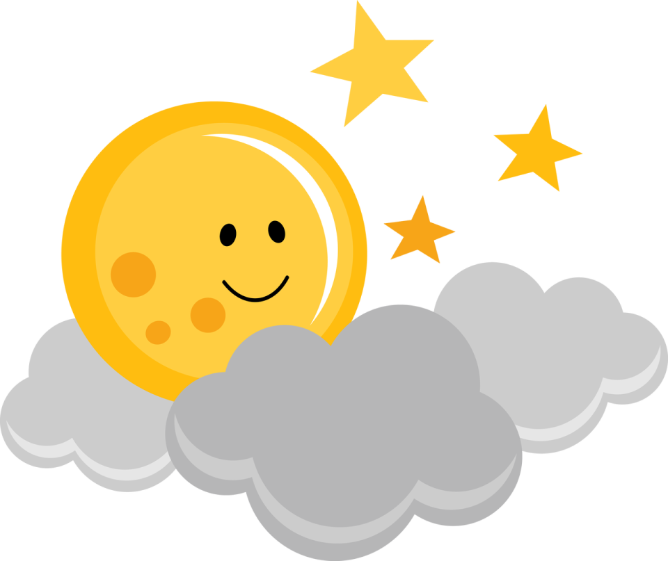 a smiling sun in the clouds with stars
