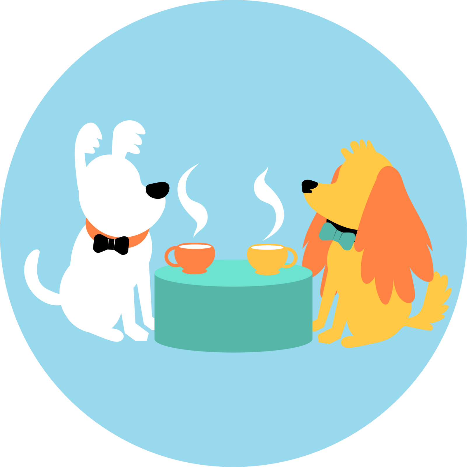two dogs sitting at a table drinking tea