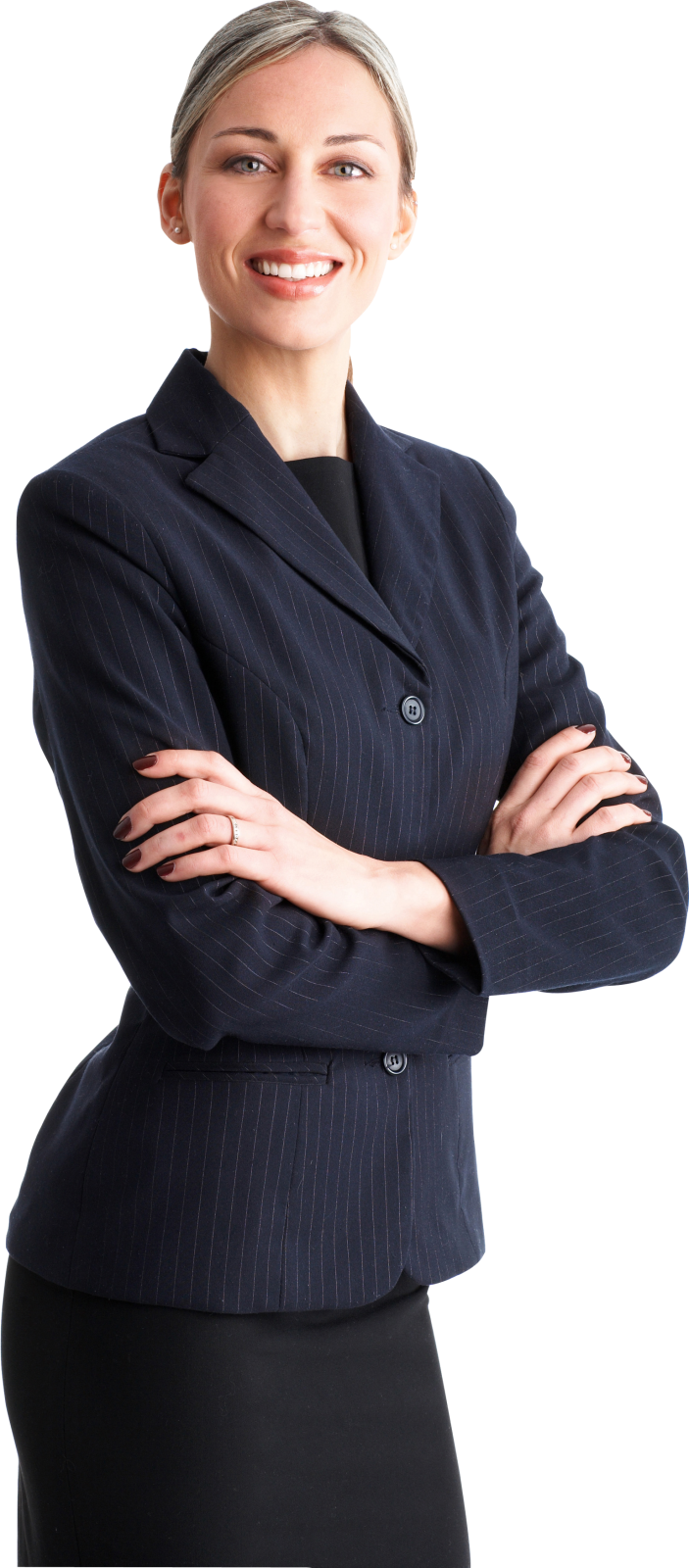 a woman in a suit with her arms crossed
