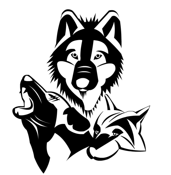 a black and white silhouette of a dog with a fish in its mouth