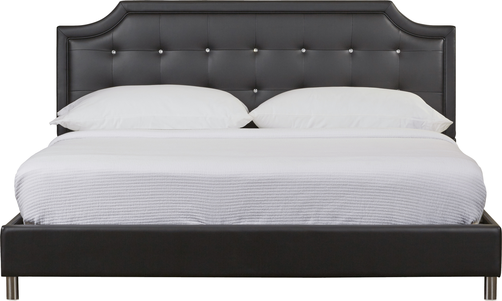 a black bed with white sheets and pillows