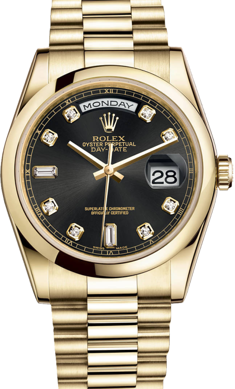 a gold role watch with black dial