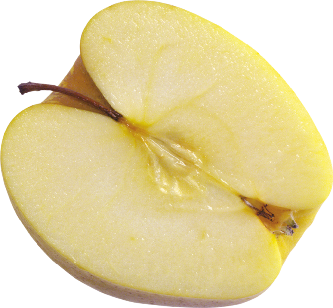 an apple cut in half on a white background