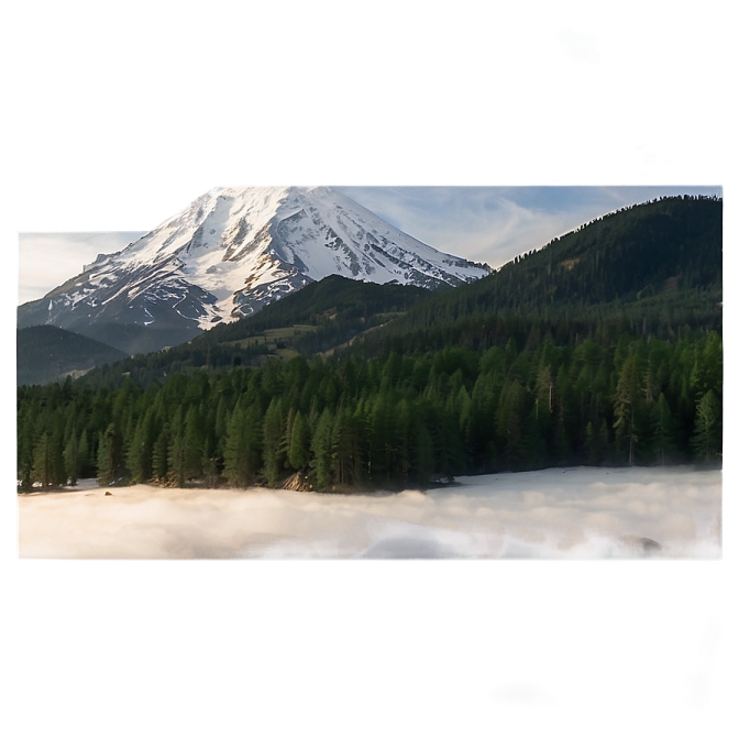 a mountain covered in fog with trees and snow