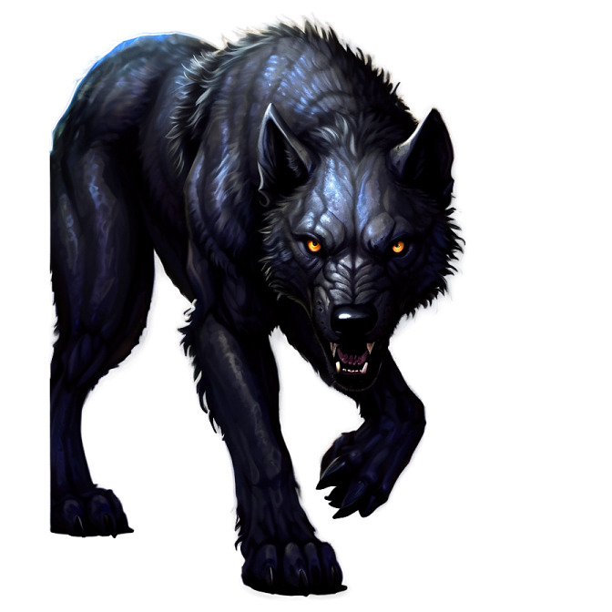 a drawing of a black wolf with orange eyes