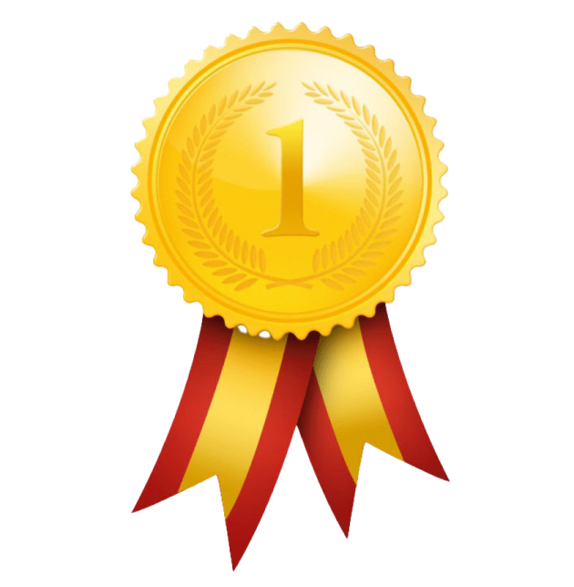 a gold medal with a red ribbon around it
