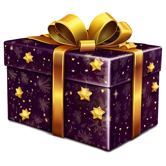 a purple gift box with gold stars on it