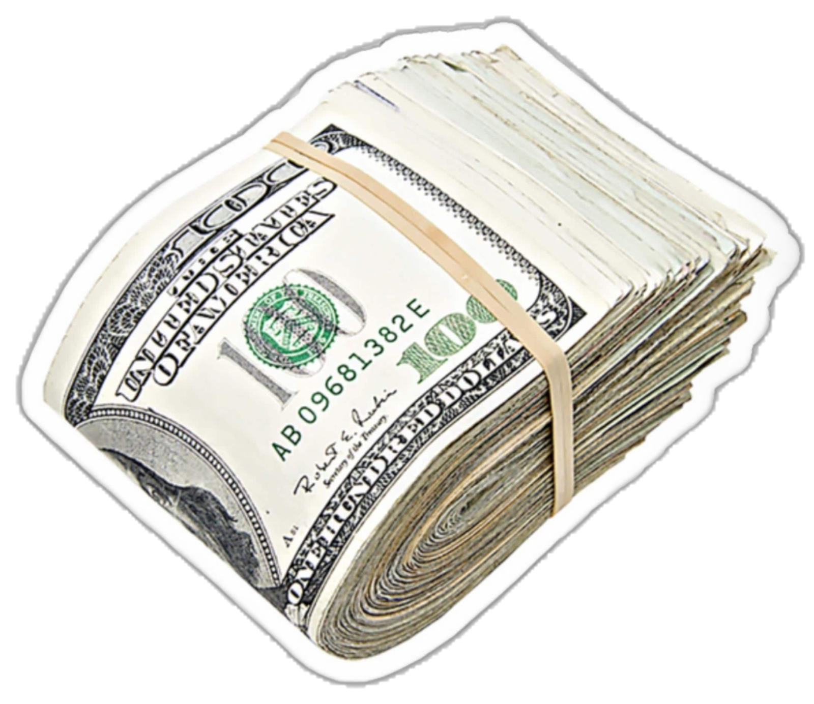 a stack of money on a white background