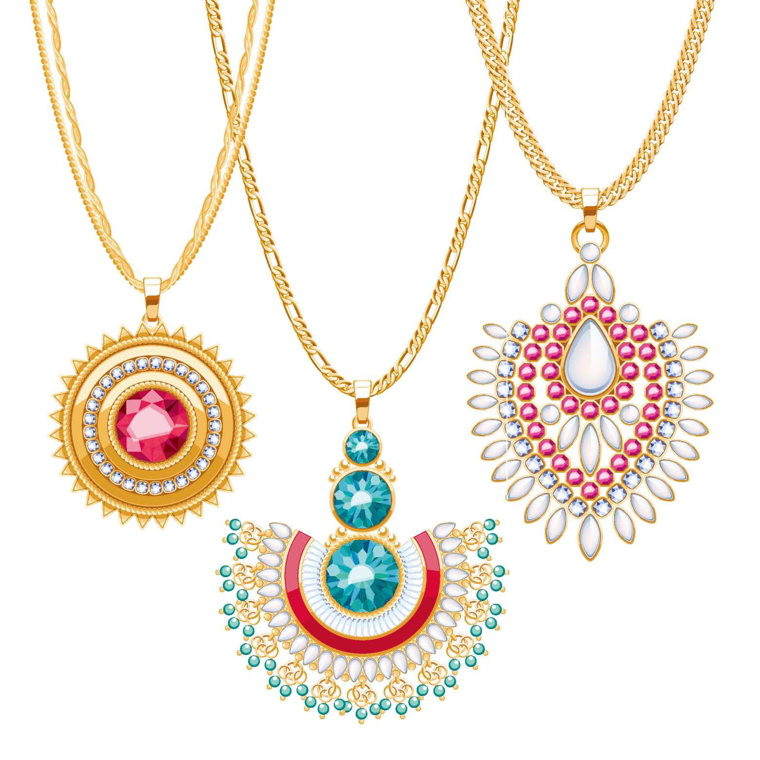 three necklaces with different colors and designs