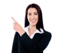 a woman in a business suit pointing at the camera