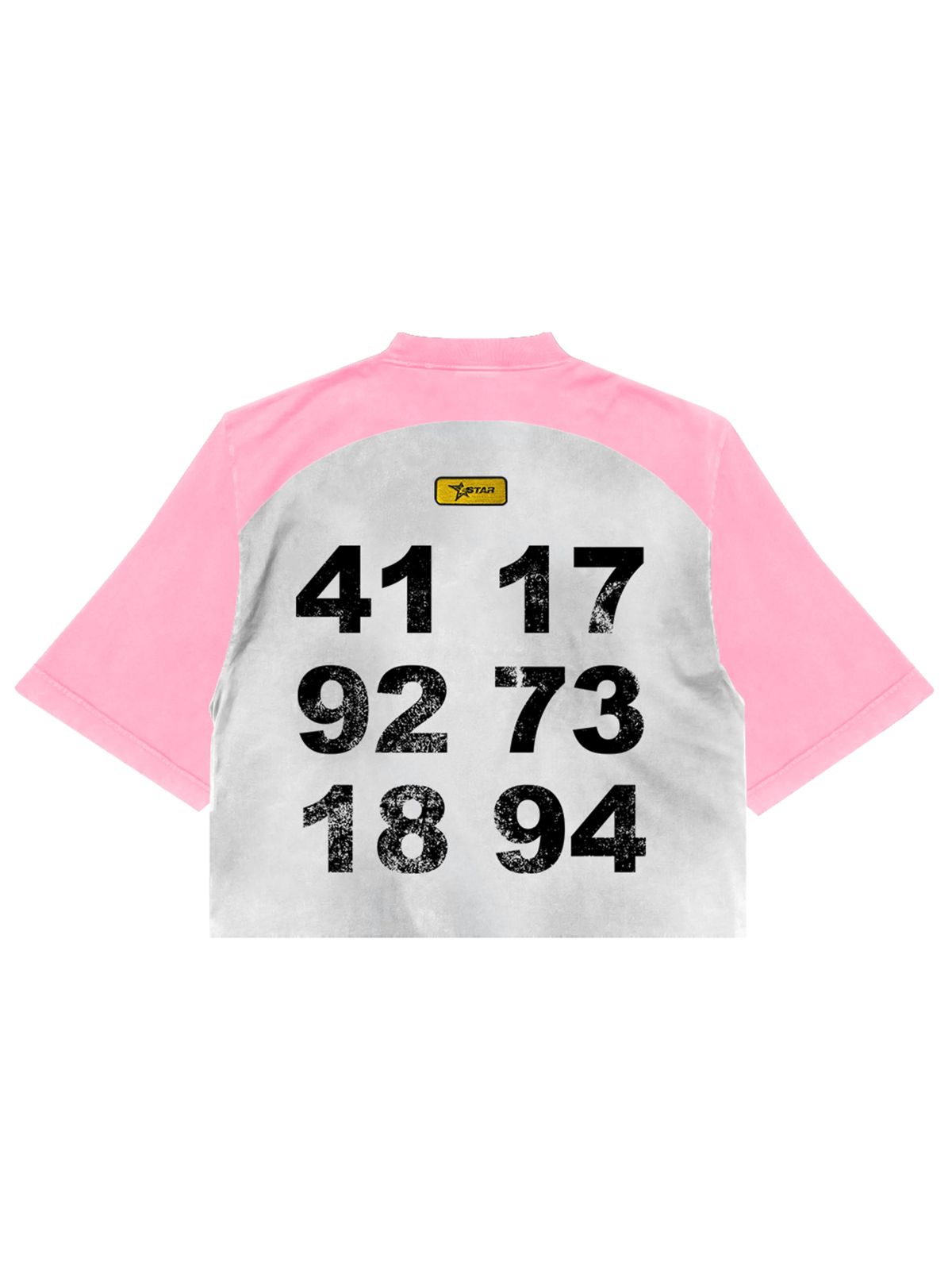 a white and pink t - shirt with numbers printed on it