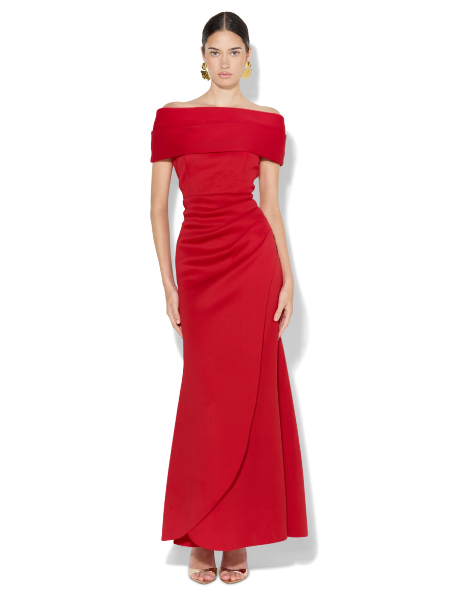 a woman wearing a red off the shoulder dress