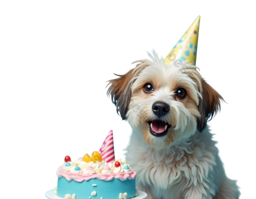 a small dog sitting next to a birthday cake