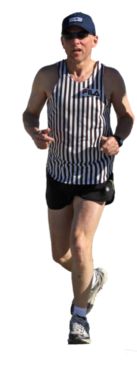 a man running in a black and white striped shirt