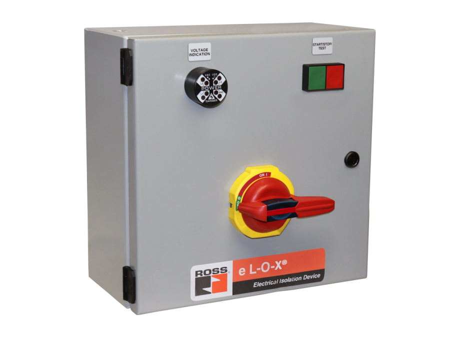 an electrical switch box with a red and yellow button