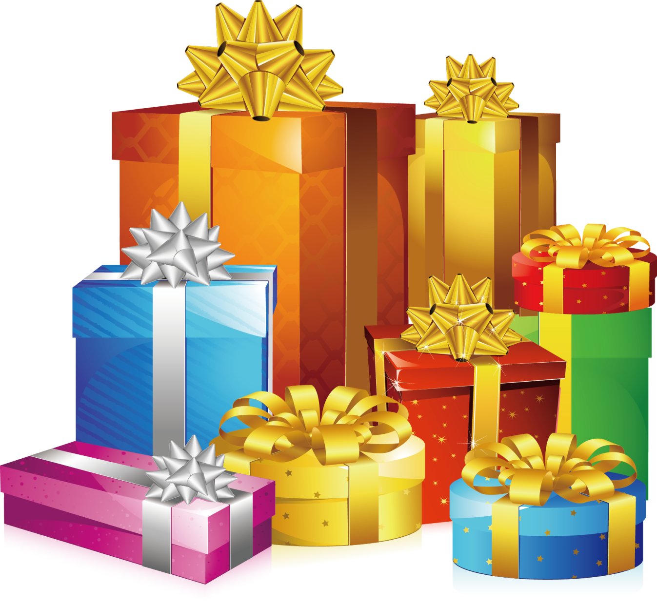a pile of colorful gift boxes with gold stars