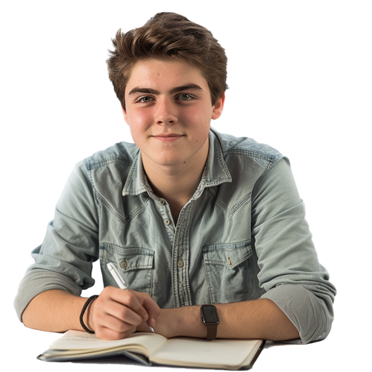 a young man sitting at a table writing