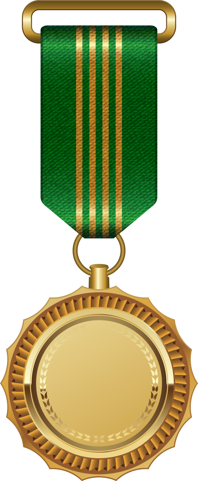 a gold medal with a green ribbon
