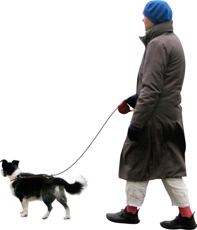 a person walking a dog on a leash