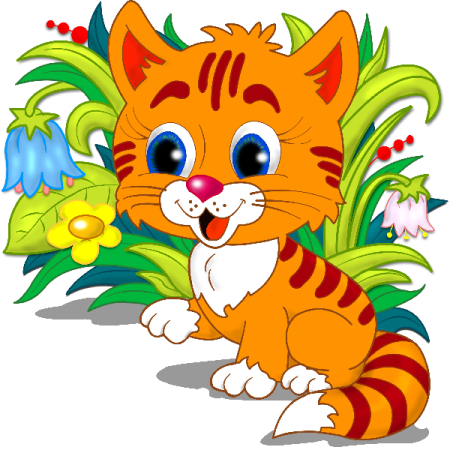 a cartoon cat sitting in the grass with flowers