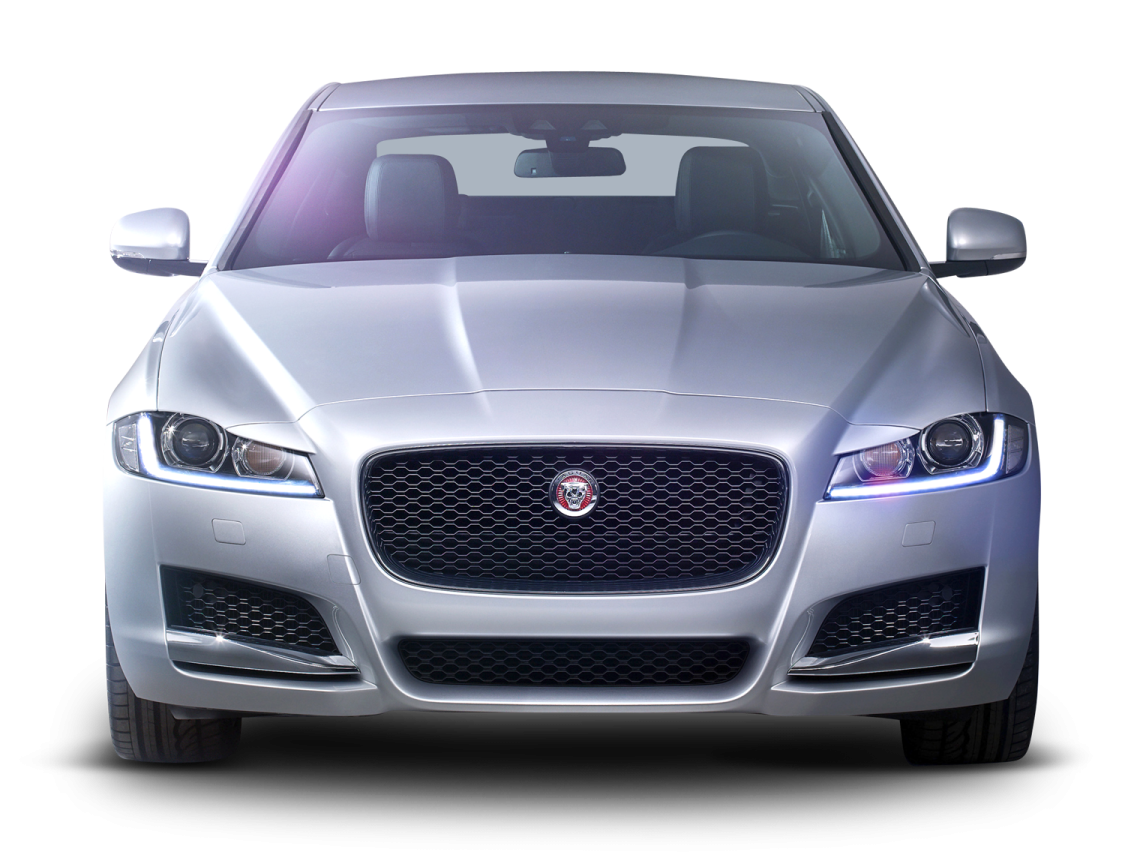 the front view of a silver jaguar car