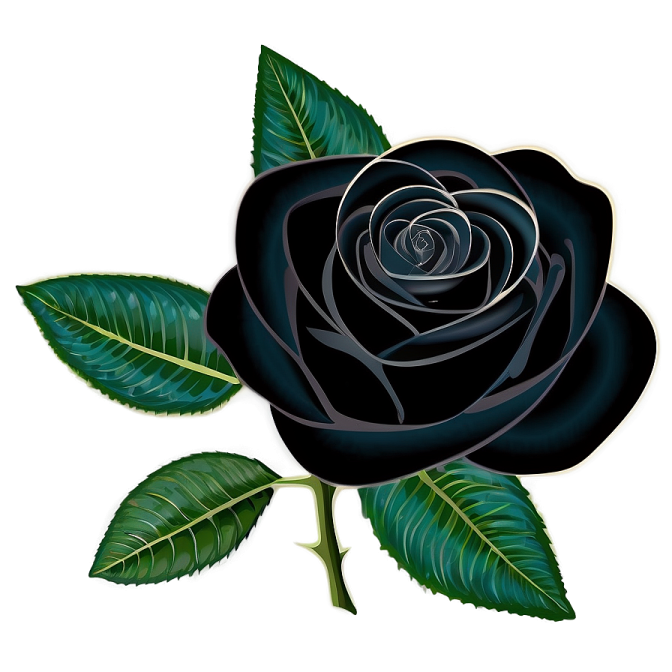 a black rose with green leaves