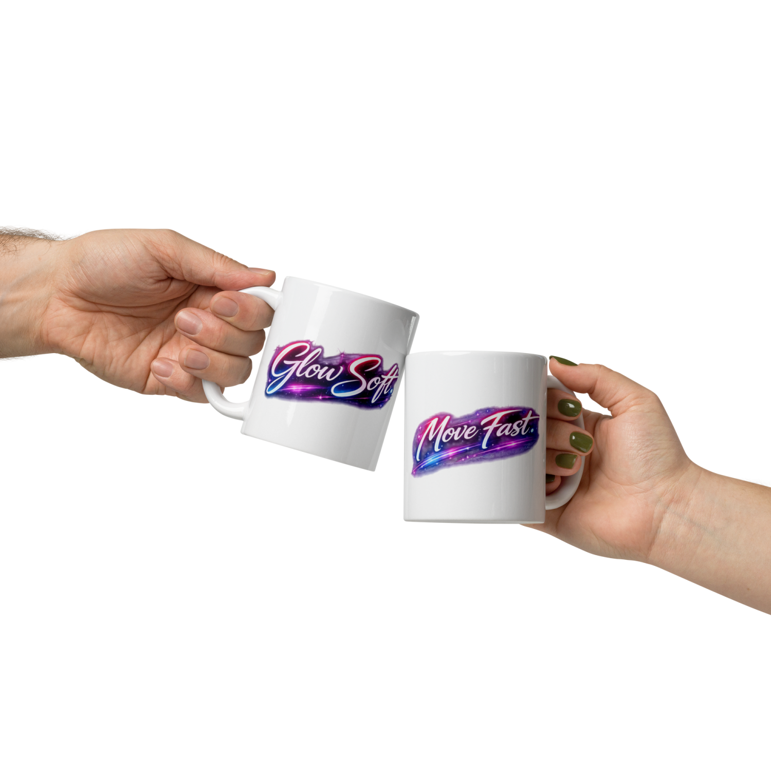 two hands holding coffee mugs with the word love