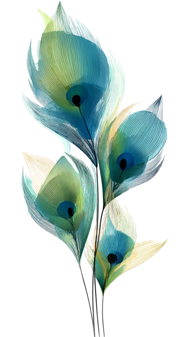 three blue and green feathers on a white background