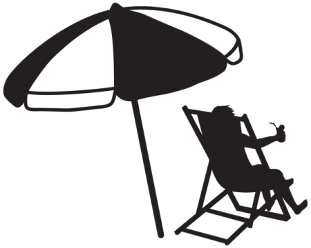 a black and white silhouette of a person sitting in a chair under an umbrella