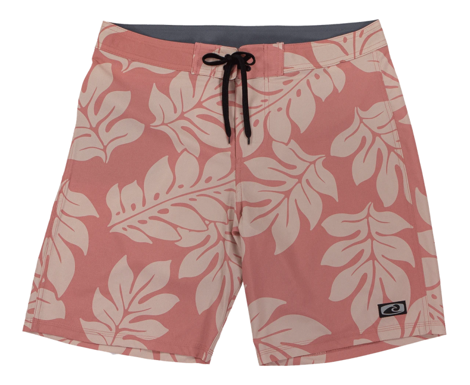 a picture of a men's boardshortt in pink with white leaves on it