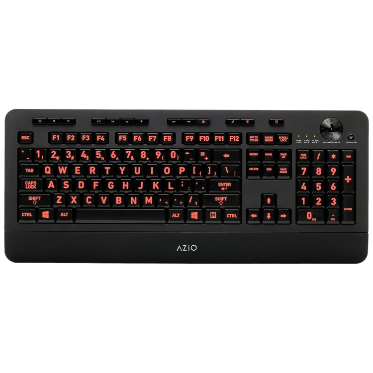a black keyboard with red letters on it
