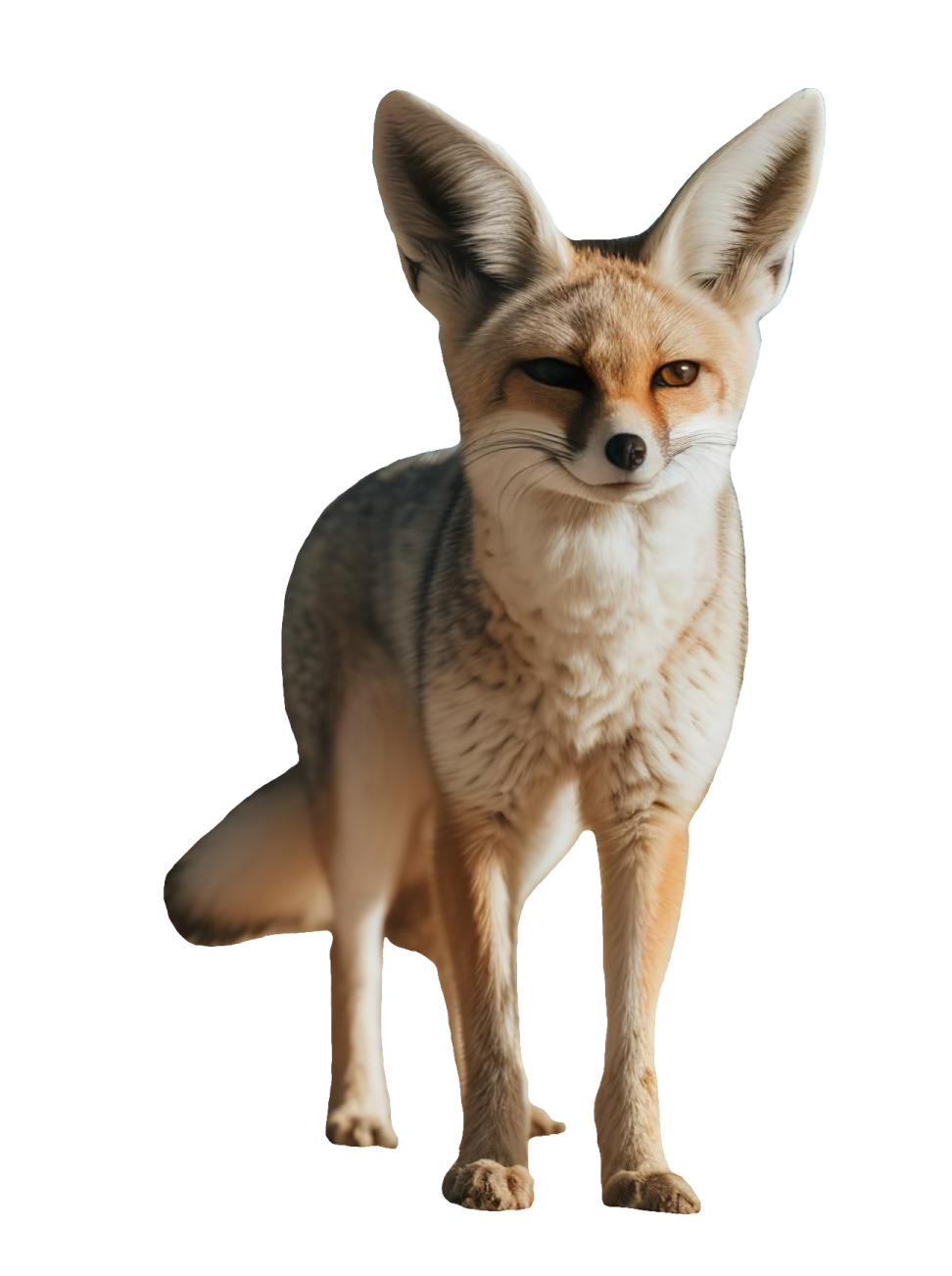 a small fox standing in front of a white background