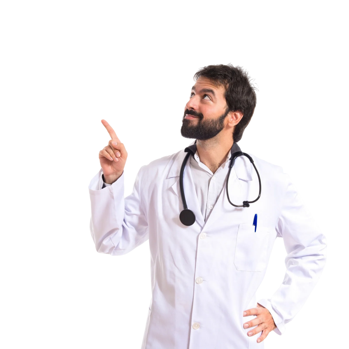 a man in a white lab coat pointing at something