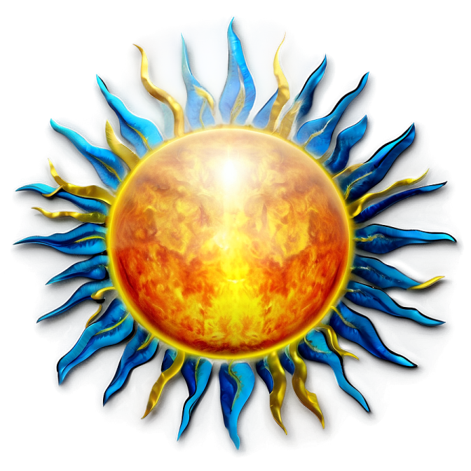 a sun with blue and yellow flames on it