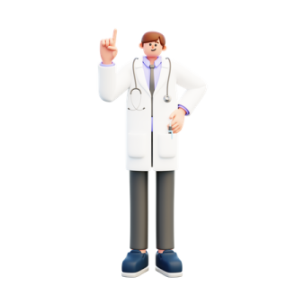 a man in a white lab coat with his hand up