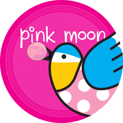 a pink and blue bird with the word pink on it