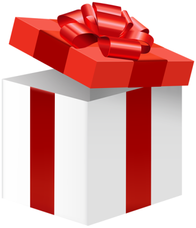 a white gift box with a red bow