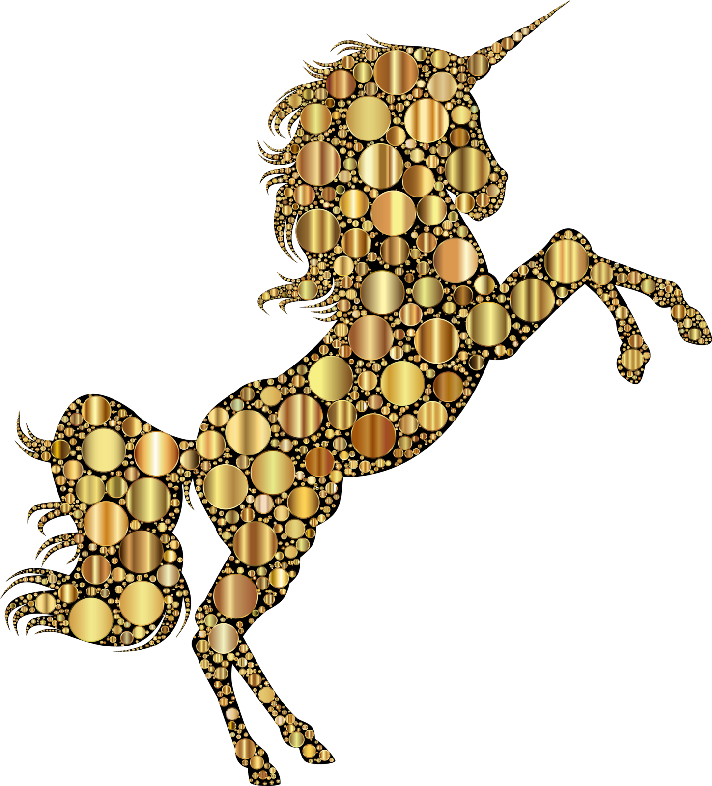 a golden unicorn with many circles around it
