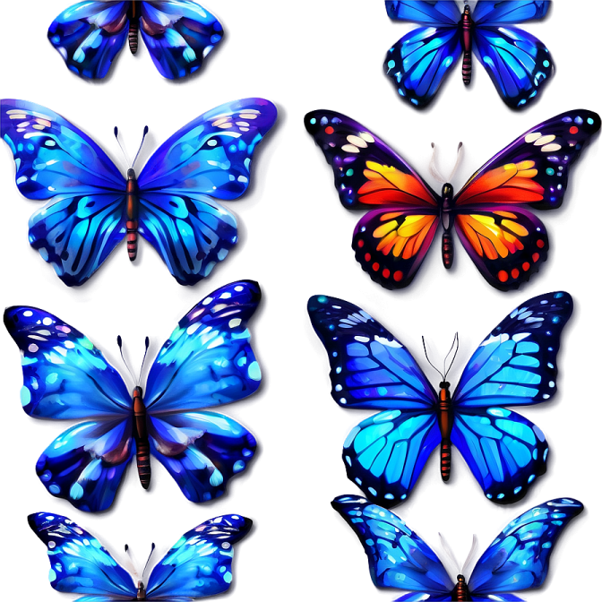 a collection of blue butterflies