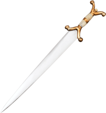 a white and gold colored sword with a wooden handle