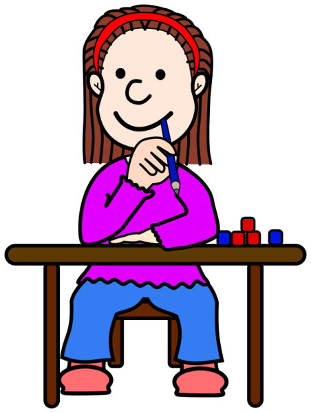 a girl sitting at her desk with a pencil in her hand