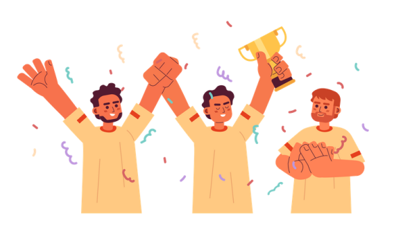 a group of people holding up their hands in the air