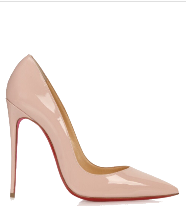 a pair of pink shoes with red soles
