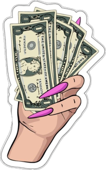 a woman's hand holding money sticker